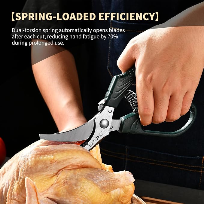 Poultry Shears, Heavy Duty Kitchen Shears | Non-Slip Handle & Safety Lock, All Purpose for Chicken, Meat, Turkey, Fish, Vegetables, Spring Loaded, Dishwasher Safe