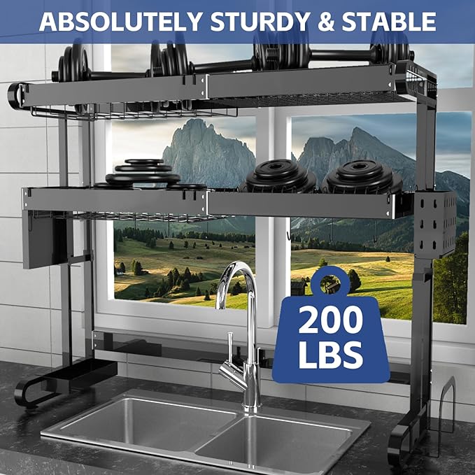MINGLING Over The Sink Dish Drying Rack, Full Stainless Steel Large Storage Kitchen Dish Rack, 2 Tier Expandable Height and Length, Black 21.5"~37" W x 25"~30" H x 11.8" D