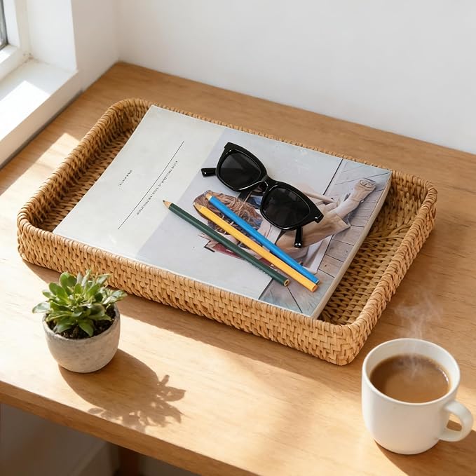 Wicker Storage Basket, Rattan Tray Rectangular for Bathroom Living Room, Decorative Serving Woven Trays Wicker Baskets for Organizing, Woven Seagrass Tray for Storage Home Decor L(14.6" × 9.1")