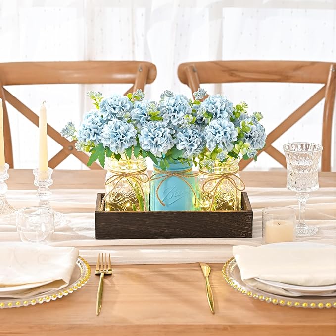 BLEUM CADE Centerpiece Table Decorations - Mason Jar Lights Centerpiece for Kitchen Dining Table Farmhouse Coffee Table Wedding Home Decor with 3 Jars Hydrangea Artificial Flowers & Wood Tray