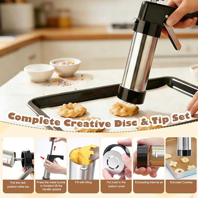 Cookie Press Gun Kit, Stainless Steel Spritz Cookie Press with 13 Discs & 8 Icing Piping Tips, Baking Cookie Maker, Icing Decorating Gun for Cookies Cakes Pastry Dessert Baking Decoration