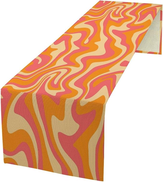 Retro 70s Groovy Table Runner Vintage Abstract Modern Art Boho Spiral Swirl Waves Farmhouse Country Dinner Runner for Home Kitchen Dining Table Party Holiday Decor 13x108in