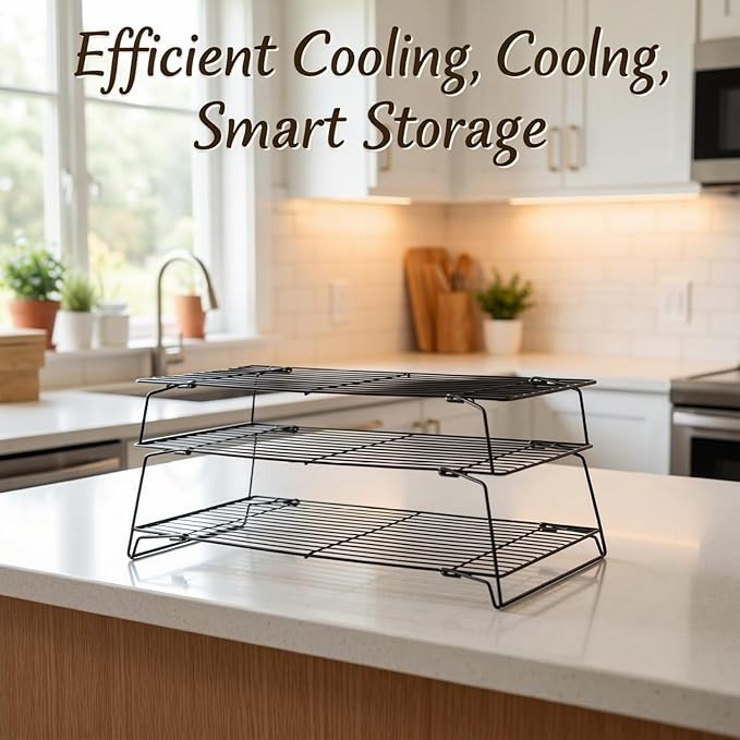 3-Tier Collapsible Cooling Rack for Baking, Stackable Cookie Rack with Detachable Design, Foldable Legs, Baking Sheets Set with 100 Pcs 6x8 Inch Baking Paper, 15.7x9.8 in Metal Cooling Rack