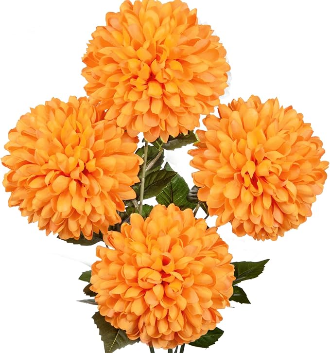 Briful Autumn Artificial Chrysanthemums Ball Flowers 6’’ Large Heads Mums Stems Orange Fake Hydrangea Flowers Bouquet for Home Party Wedding Fall Harvest Decorations, Set of 4