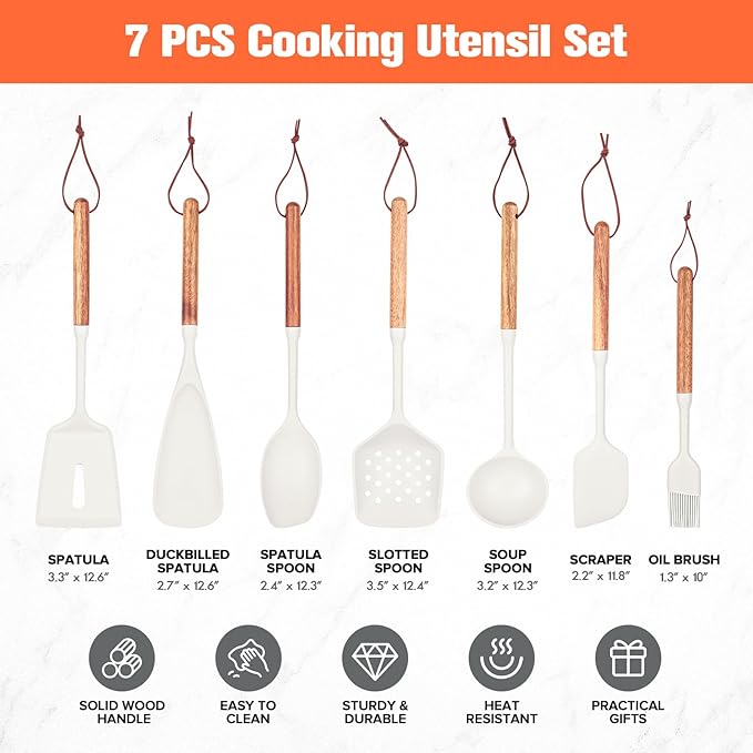 Silicone Utensils Set of 7 with Wooden Handle for Cooking&Baking,No Scratch for Nonstick Cookware,Spatula Spoon,Soup Ladle,Basting Brush,Baking Bowl Scraper,Skimmer,Slotted Spatula,BPA Free (White)