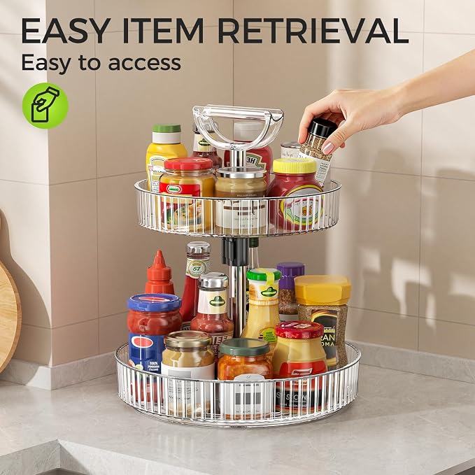2-Tier Rotating Organizer with Handle – Adjustable Shelf, 360° Lazy Susan Turntable for Kitchen Countertop, Bathroom, Pantry – Multi-Functional Storage for Spices, Cosmetics, Snacks, Fruits