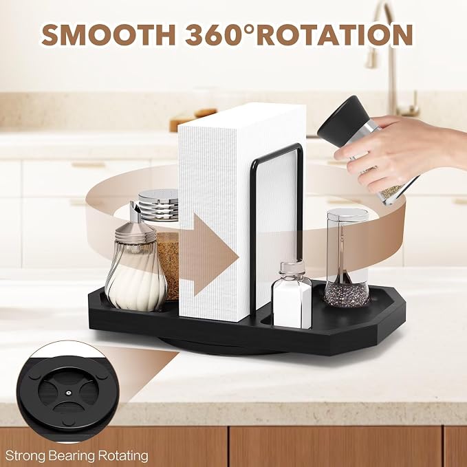 Napkin Holder for Table, Rotating Napkin Dispenser with Salt and Pepper Shakers Storage, Standing Paper Napkin Organizer for Kitchen Dining Table Decor (1, Black)