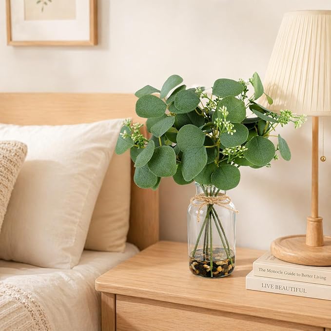 MACTING Artificial Eucalyptus Stems in Glass Vase with Faux Water Stones 14" Artificial Plants Indoor Eucalyptus Leaves for Table Centerpieces Bathroom Kitchen Living Room Shelf Home Decorations