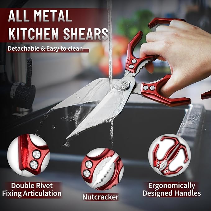 Dream Reach Poultry Shears - Heavy Duty Kitchen Scissors for Food with Ergonomic Handle, Japanese High-Carbon Steel Culinary Shears for Chicken, Meat, Seafood, Bone Cutting, Gifts (Red)