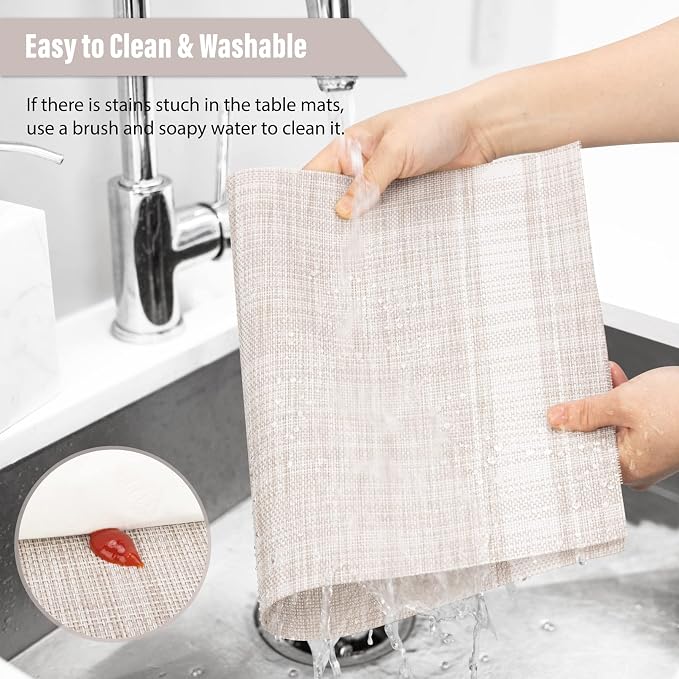 Winknowl Placemats Set of 6, Heat Resistant Non-Slip Vinyl Woven Table Mats for Dining Table, Washable Durable Elegant Place Mats for Kitchen Indoor/Outdoor Use (Beige White)