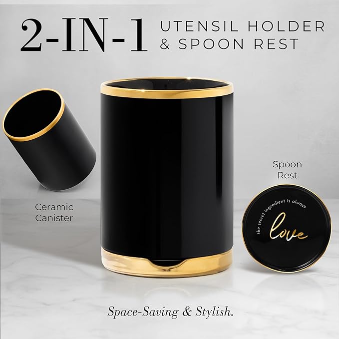 STYLED SETTINGS Black and Gold Kitchen Utensils Set – 8 Piece Silicone Cooking Utensils with Gold Handles, Black Ceramic Utensil Holder & Spoon Rest – Heat Resistant, Nonstick Safe, Sleek Storage