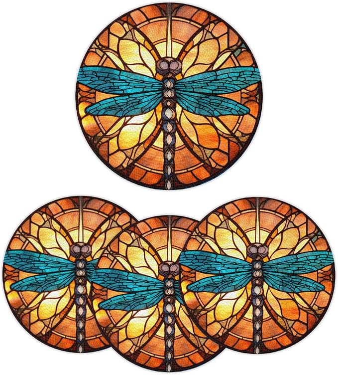 Round Placemats Set of 4, Dragonfly Glass Background Woven Placemats Mats Non-Slip Heat Resistant Washable Table Mats Round Braided Place for Farmhouse Kitchen Dining Party Decor 15in