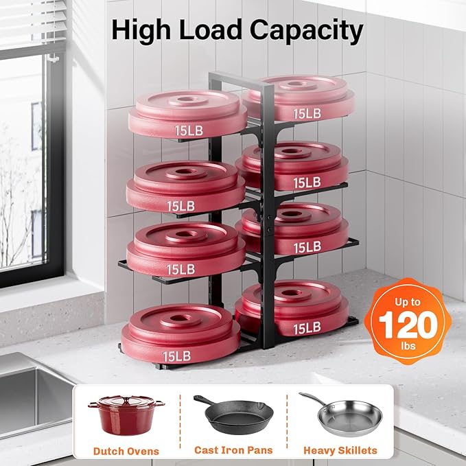 MUDEELA Pots and Pans Organizer under Cabinet 20.8" Height, Heavy Duty Adjustable Pot Pan Organizers inside Cabinet, 8-Tier Kitchen Cabinet Organizers and Storage for Big Stockpots, Heavy Cookware