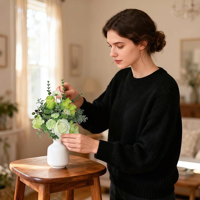 Small Faux Flower Bouquet in White Ceramic Vase (15.75" Tall) - Green & White Artificial Floral Arrangement for Coffee Table Centerpiece, Bathroom & Office Desk Decor