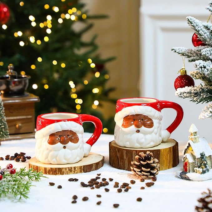Sliner 2 Pcs 11oz Black Santa Mug Christmas African Santa Ceramic Mug Vintage African Coffee Cup Christmas Themed Design Cup Set for Coffee Tea Hot Chocolate Presents