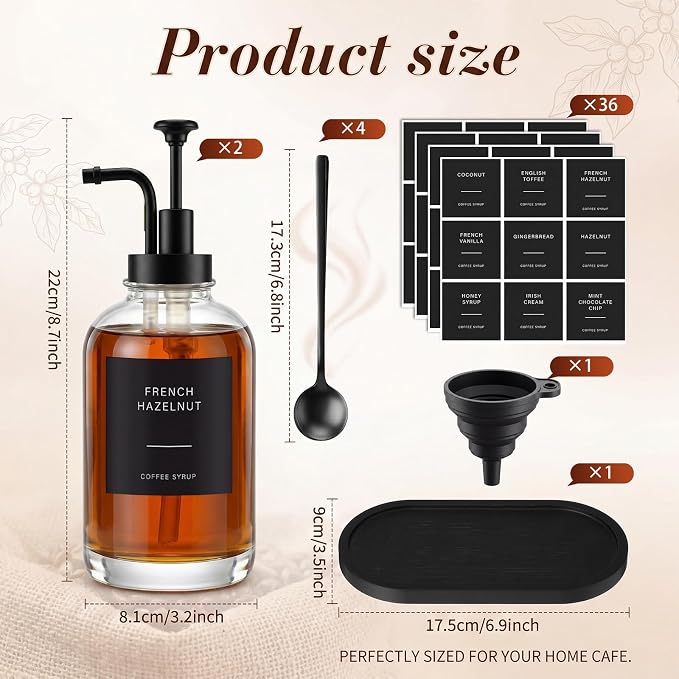 Remerry 2 Pcs Coffee Syrup Dispenser 16.9oz 500ml Glass Syrup Dispenser with 4 Spoons, 36 Labels and Bamboo Tray, Glass Bottles with Pump for Coffee Accessories (Black)