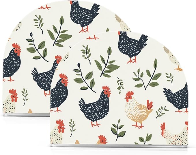 Farm Chicken Hens with Leaves Beige Napkin Holder for Table Acrylic Vertical Napkin Holders for Paper Napkins Decorative Napkin Dispenser for Home Party Dining Cocktail Kitchen Accessories, 2 Pack