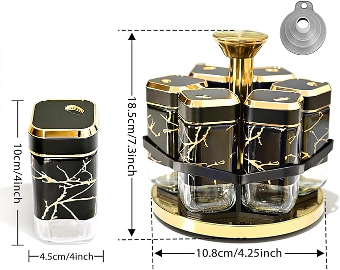 Revolving Spice Rack Organizer with 6 Glass Jars, Countertop Spice Seasoning Rack Tower with Glass Containers, Rotating Seasoning Holder Shelf for Kitchen (Black and Gold)