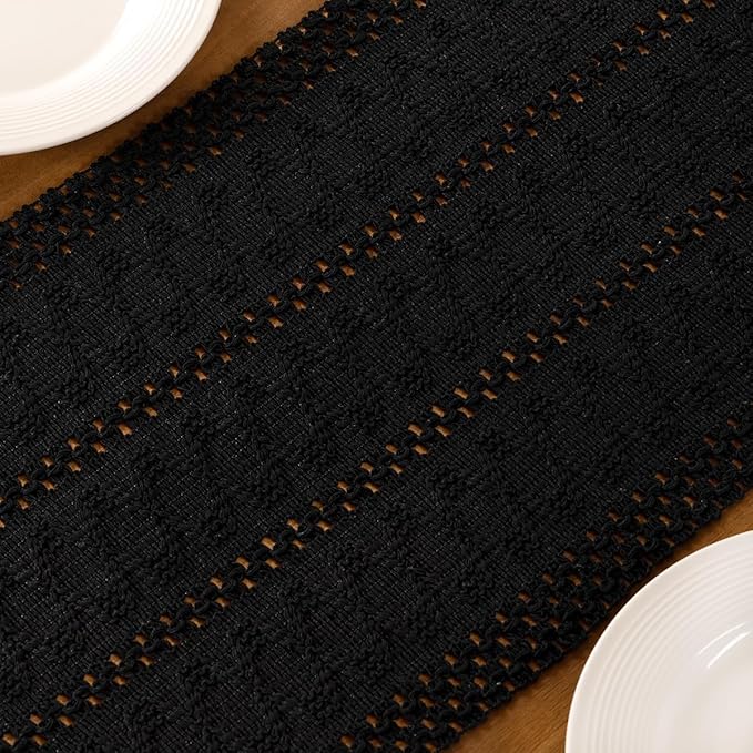 MLMC Black Boho Table Runner Farmhouse Macrame Woven Table Runner 36 inch Long Rustic Cotton Linen Blend Table Decor for Dinning Kitchen Wedding Bridal Shower Eveyrday Use 12x36 Inch