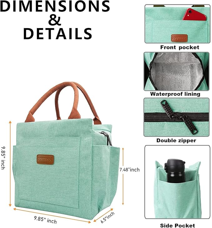 Joymee Insulated Lunch Bag For Women Reusable Lunch Box - Heather Teal | Spacious Storage, Bottle Holder & Pockets, Leakproof Insulated, for Work, Travel, Picnic, Daily Use, for Adult