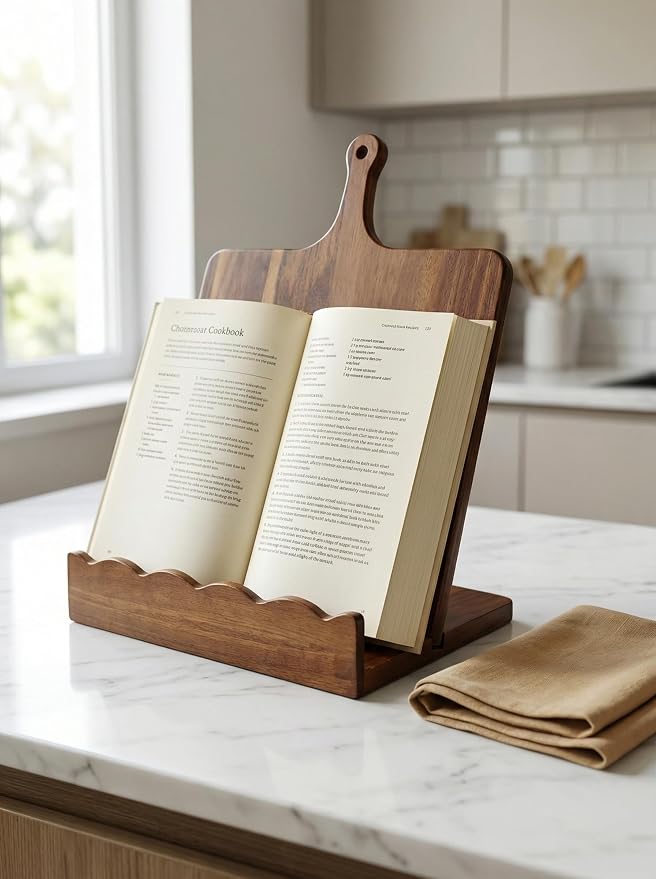 Acacia Wood Cookbook Stand for Kitchen Counter 15.7"x11.8" with Handle, 2-Piece Scalloped Recipe Book Holder with Removable Charcuterie Board, Rustic Kitchen Decor, Gift-Ready Recipe Card Display