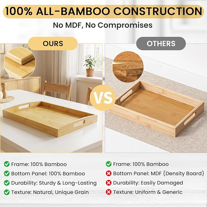Bamboo Serving Tray with Handles Set of 3 - Decorative Wooden Trays for Eating, Working, and Storing, Suitable for Use in Bedroom, Living Room, Kitchen, Bathroom, Outdoor Scenarios and More
