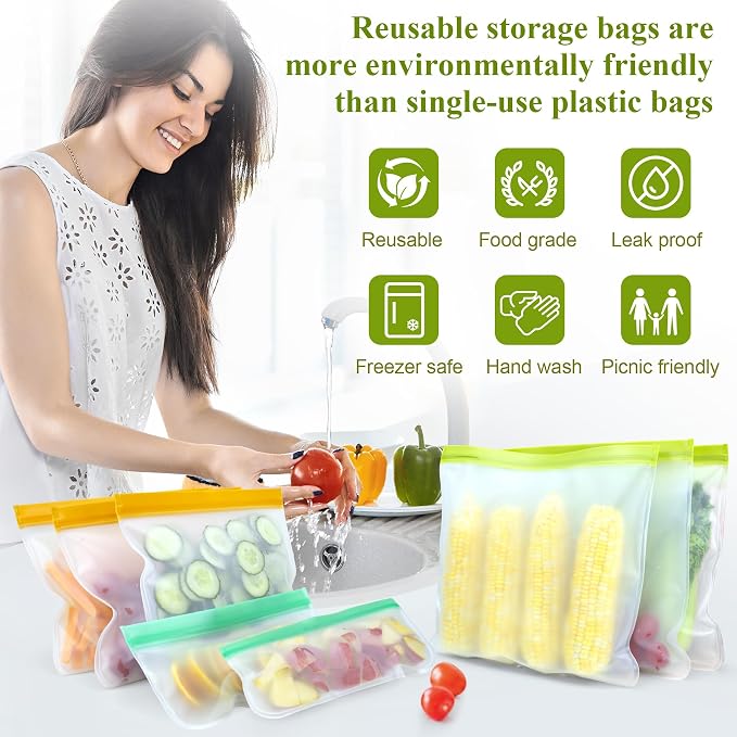 12 Pack Food Storage Containers Silicone Bags-6 Gallon Freezer 3 Sandwich 3 Reusable Snack Bags, Leakproof Silicone Bags for Fruit Storage