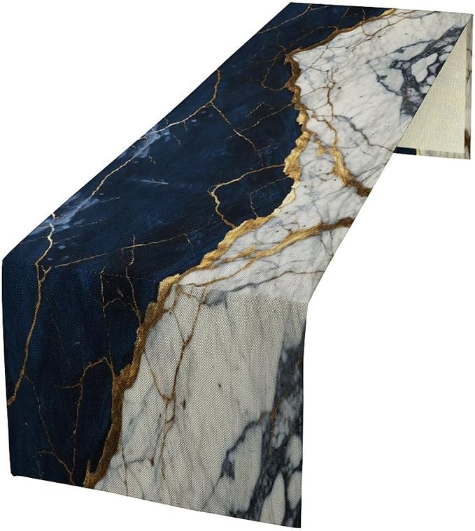 Marble Table Runner, Abstract Navy Blue White and Gold Modern Luxury Texture Printed Linen Table Runners for Living Room Kitchen Dining Room Party Holiday Home Decor 13" W x 72" L