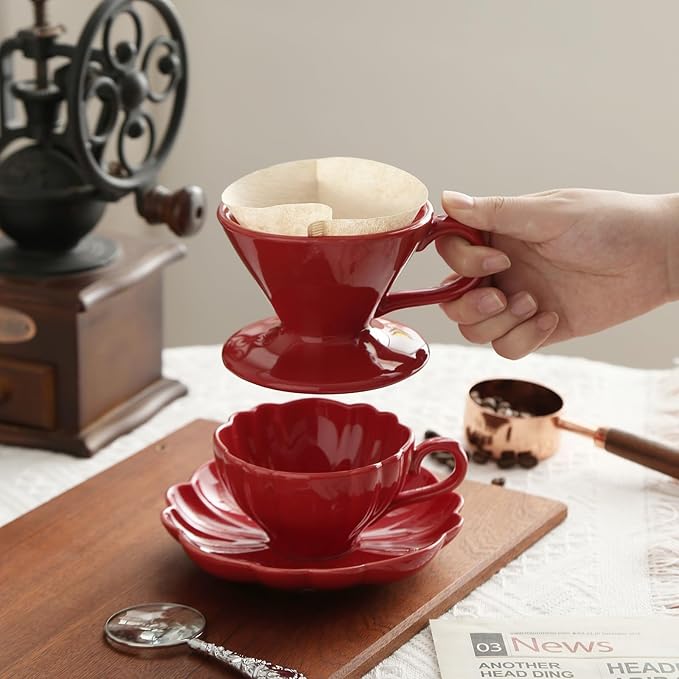 London Pottery V60 Coffee Dripper, Exquisite Porcelain Ceramic Manual Coffee Filter, Suitable for Pour Over Coffee in Office, Outdoor and Home Use (Red)