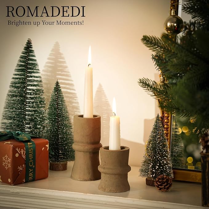 Romadedi Candlestick Holders Boho Decor: Taper Candle Holders Paper Mache for Living Room Modern Decorations Candle Stick Dining Table Centerpiece Fireplace Home Decoration Brown