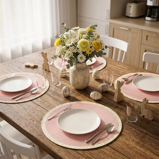 Noctiflorous Braided Round Placemats Set of 6, 15 Inch Woven Table Mats, Non-Slip Washable Place Mats for Kitchen Dining Table Decor (Mint Pink, 6)
