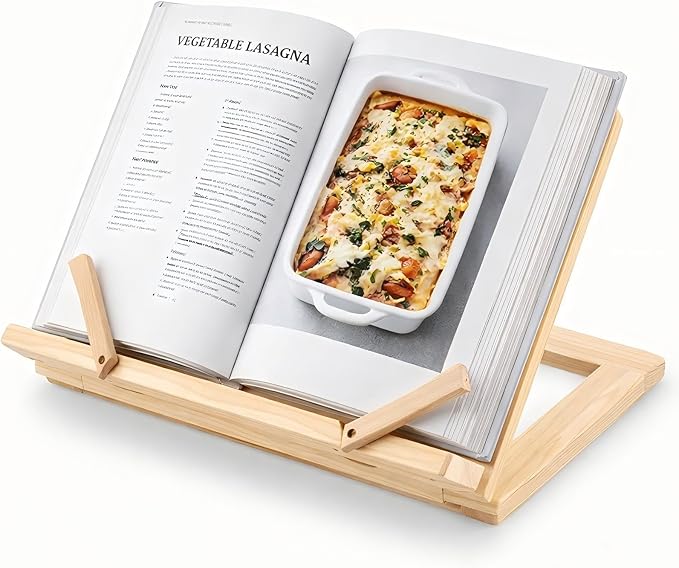 Gerrii Wooden Book Stand with Page Holder Clips Adjustable Foldable Reading Stand for Cookbooks Recipes Textbooks Bible Documents Tablet Solid Pine Wood Hands-Free Set Book Holder for Counter Desk