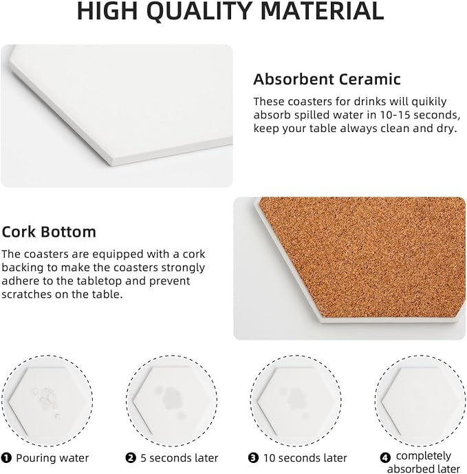 White Gold Marble Set of 6 Drinks Ceramic Coasters with Holder Funny Absorbent Cup Coasters with Cork Desk Table Protection Coffee Table Decor