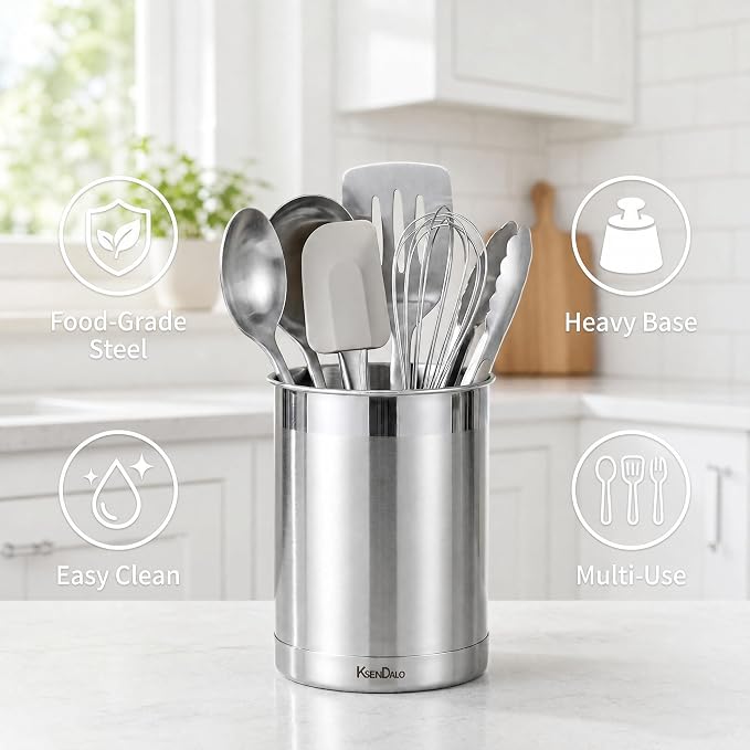 KSENDALO 3 Pack Utensil Holder Stainless Steel 6.3inch Deep,Silver | Brushed Finish, Doubled Base for Stable, Shiny Stainless Style, 5inch Wide, 6.60inch Tall