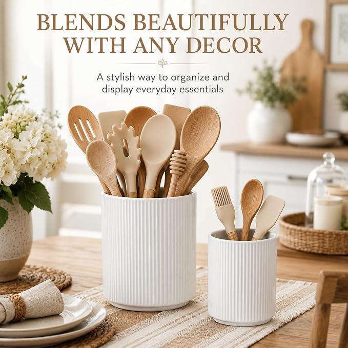 Utensil Holder,Ceramic Kitchen Utensils Holder for Countertop-Set of 2 | Utensil Crock for Kitchen Counter for Forks,Spatulas, Spoons,Ideal Housewarming Gifts & Mothers Day Gift-White