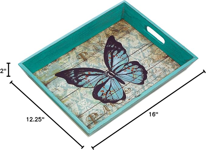 Zingz & Thingz Butterfly Garden Collection Wooden Serving Tray, Blue, 16x12.25x2