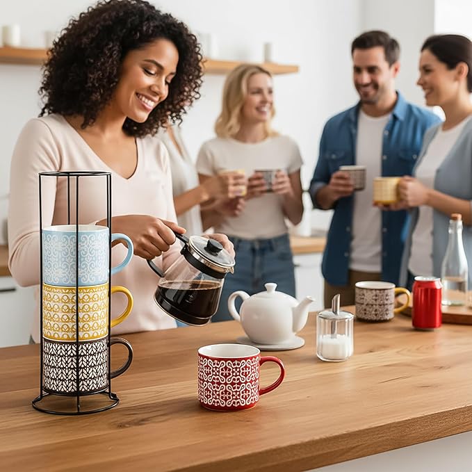Hiceeden Set of 4 Stackable Coffee Mugs with Rack, 15 oz Colorful Ceramic Coffee Mugs with Metal Stand, Coffee Cup Set for Espresso, Cocoa, Latte, Americano, Cappuccino, Tea, Milk, Multi-colored
