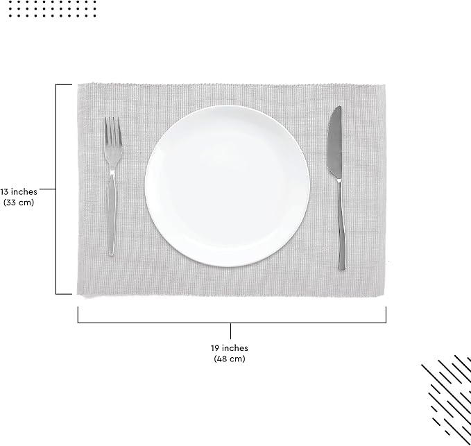 Encasa XO Dining Placemat Set of 6 | Light Grey Color | Fine Ribbed Cotton Table mat | Size 19x13 in | Machine Washable