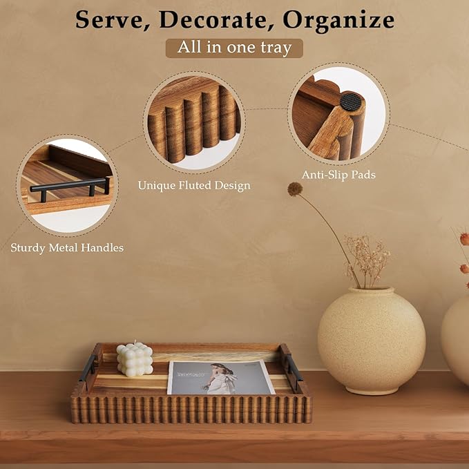 Acacia Wood Decorative Serving Tray with Handles, 16.7" x 12.8" Large Wooden Ottoman Tray for Living Room, Coffee Table Tray Decor for Food, Dinner, Tea or Breakfast in Bed (Natural)