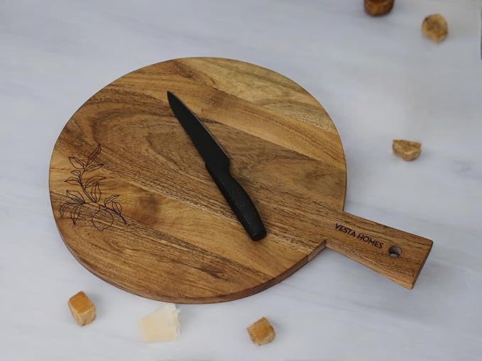 Vesta Homes Wooden Round Cutting Board | 17.5 * 13 Inches | Chopping Board/Serving Board, Platter for Pizza, Vegetables, Fruits and Cheese | Natural Acacia Wood | Handcrafted in India