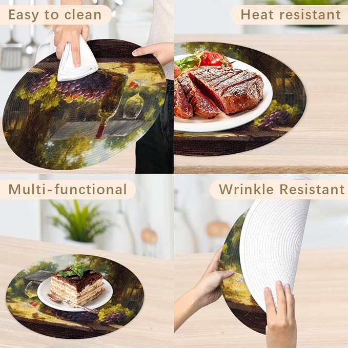 Round Placemats Set of 4, Sunny Red Wine Grapes Painting Woven Placemats Mats Non-Slip Heat Resistant Washable Table Mats Round Braided Place for Farmhouse Kitchen Dining Party Decor 15in