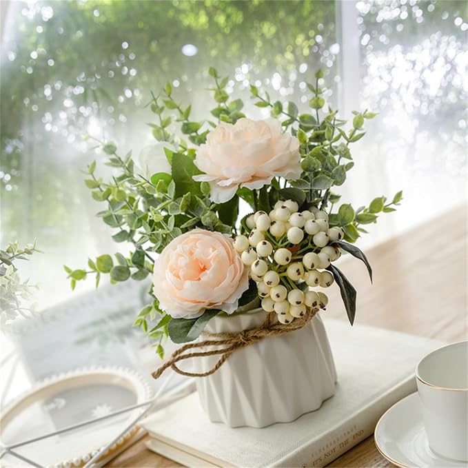 EOBTAIN Artificial Flowers in Vase Silk Flowers Fake Flowers with Ceramic Vase for Indoor Table Decor,Faux Flower and Green Leaf Plants Decorations for Home Offic Party,Dining Table Centerpiece.
