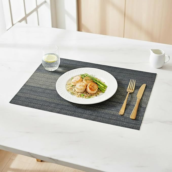 Placemats Set of 6, Vinyl Woven Placemats, Beautiful Washable and Durable Non-Slip Table Placemats, Indoor/Outdoor Placemats (Black, 6)