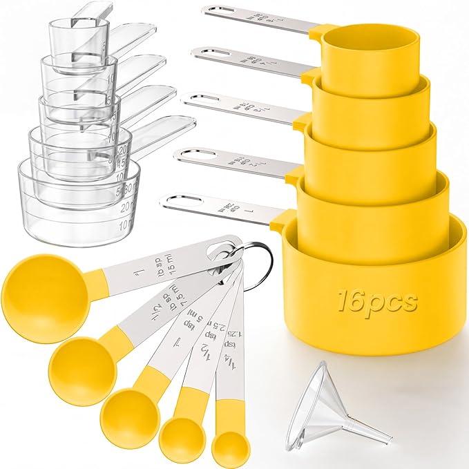 16PCS Measuring Cups and Spoons Set, Measuring Spoon Set with Metric and US Measurements, Fits for Measuring Dry and Liquid (Yellow)