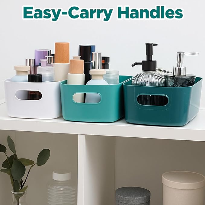 6 PCS Plastic Storage Bins – Multi-Purpose Organizer Bins with Handles for Kitchen, Bathroom, Pantry & Home Organization (White, Apricot, Dark Blue, Yellow, Light Green, Orange)