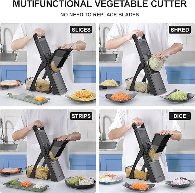 [All in 1] Upgraded Version Safe Mandoline Slicer for Kitchen, Adjustable Thickness. Veggie Slicer, Rapid Prep Mandoline, Detachable Blade, Cleaning Brush/Paring Knife (Black Knight)
