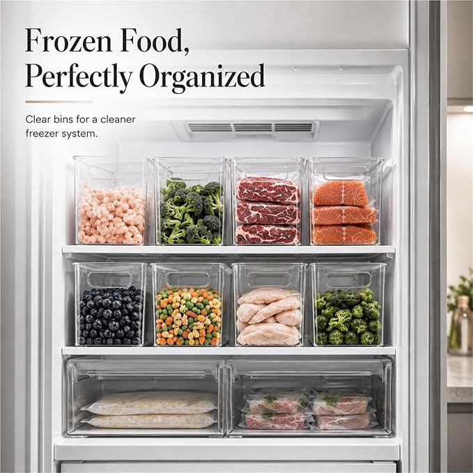 Crystal Clear Freezer Storage Bins, Stackable Kitchen Cabinet Organizer With Handles For Frozen Food, Meat & Veggies, Shelves, Kitchen, Cabinet(4SMALL)
