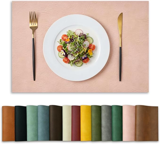 Artoid Mode Pink Faux Leather Placemats Set of 4, 12x18 Inch Waterproof Wipeable Heat Resistant Vinyl Place Mats, Reversible Table Mats for Spring Kitchen Dining Decor