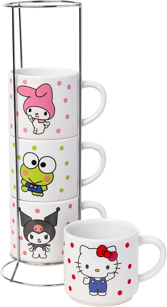 Silver Buffalo Sanrio Hello Kitty and Friends Featuring My Melody, Keroppi, and Kuromi 4 Pack Ceramic Mug Stack Set, 10 ounces