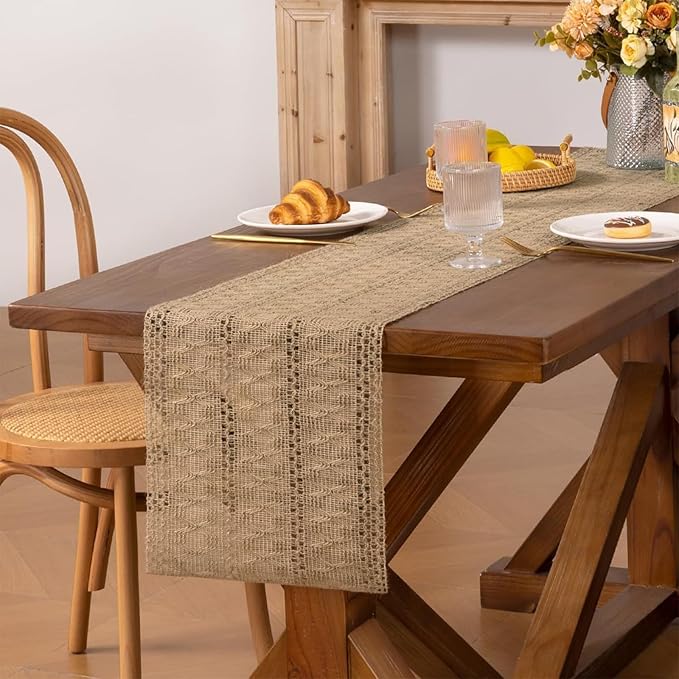 Niviy Burlap Boho Table Runner for Spring Home Decor 132 Inches Long, Modern Farmhouse Decor Rustic Macrame Woven Coffee Table Runners for Summer Dining Table Decoration, Burlap Brown
